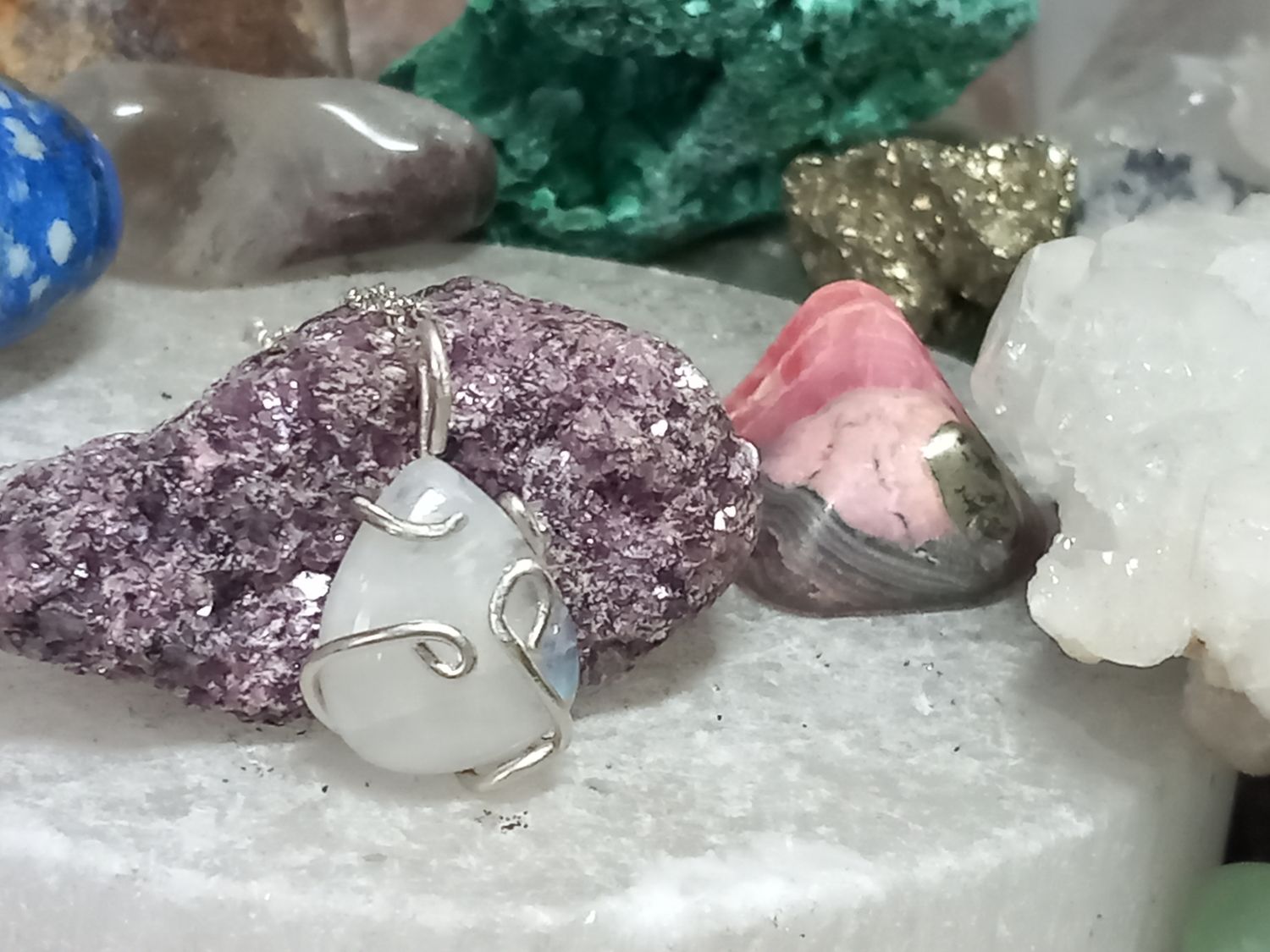 Rainbow moonstone pendant, sterling silver