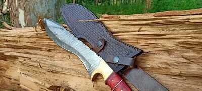CUSTOM HANDMADE DAMASCUS STEEL KUKRI KNIFE HUNTING, CAMPING FREE LEATHER SHEATH