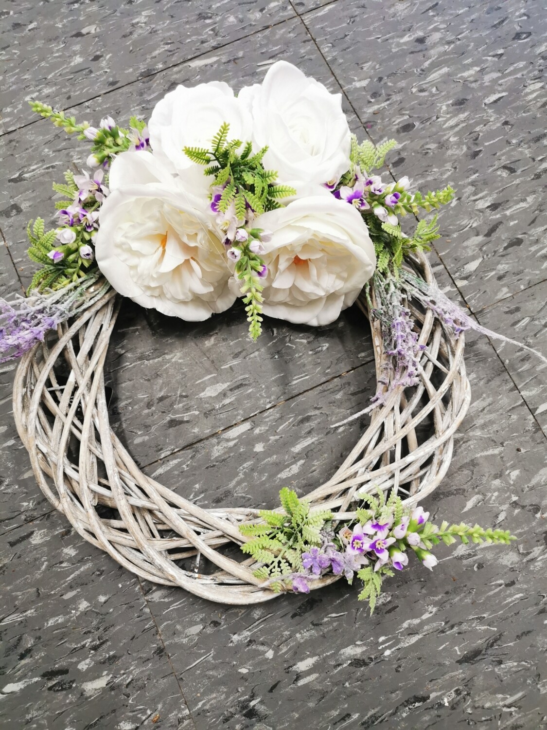 White Austin Rose Lavender Handmade Wreath