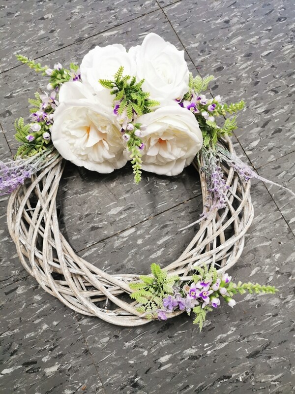 White Austin Rose Lavender Handmade Wreath
