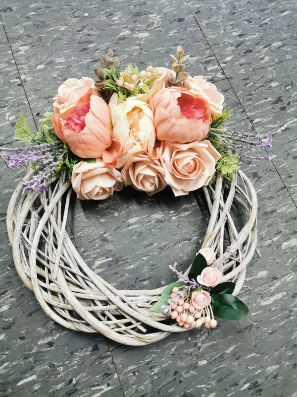 Peach Peony Rose Lavender Handmade Wreath