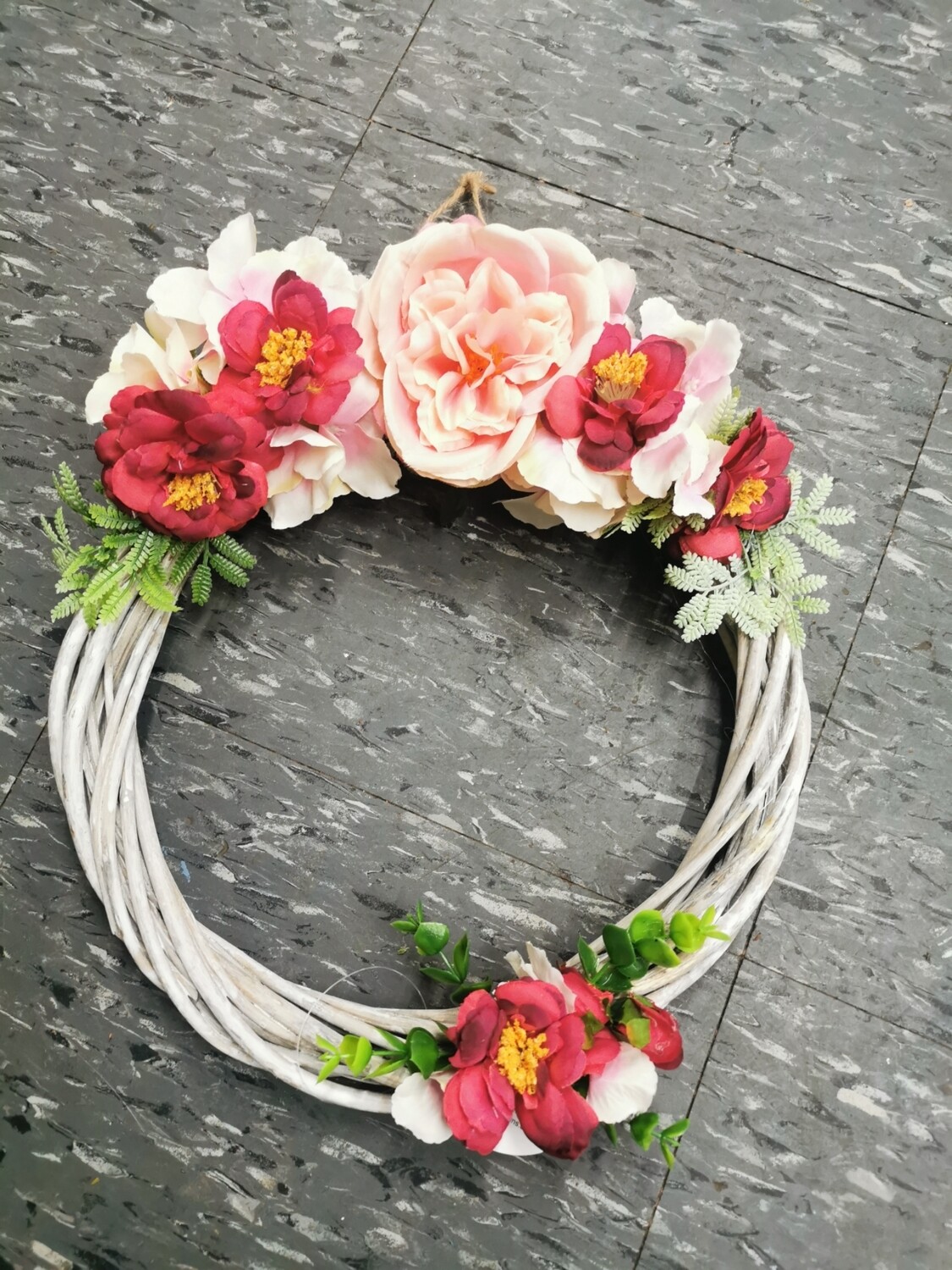 Peony Rock Rose Wicker Heart Wreath