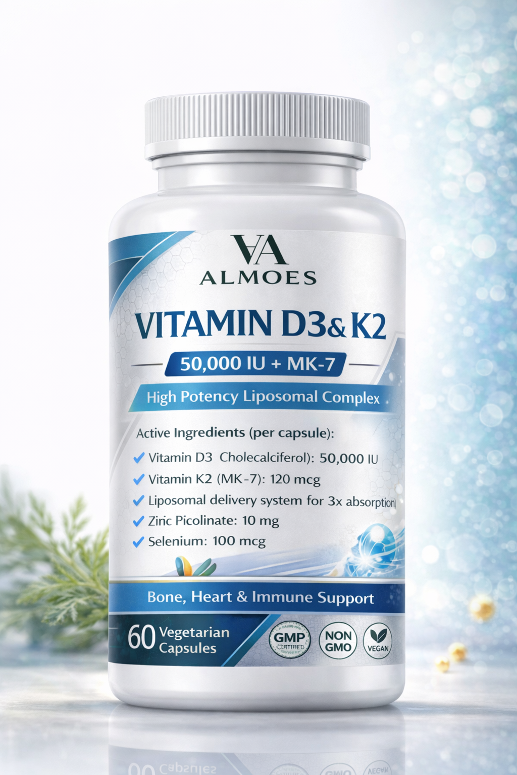 ALMOES Vitamin D3 & K2 50,000 IU + MK-7 Liposomal Complex