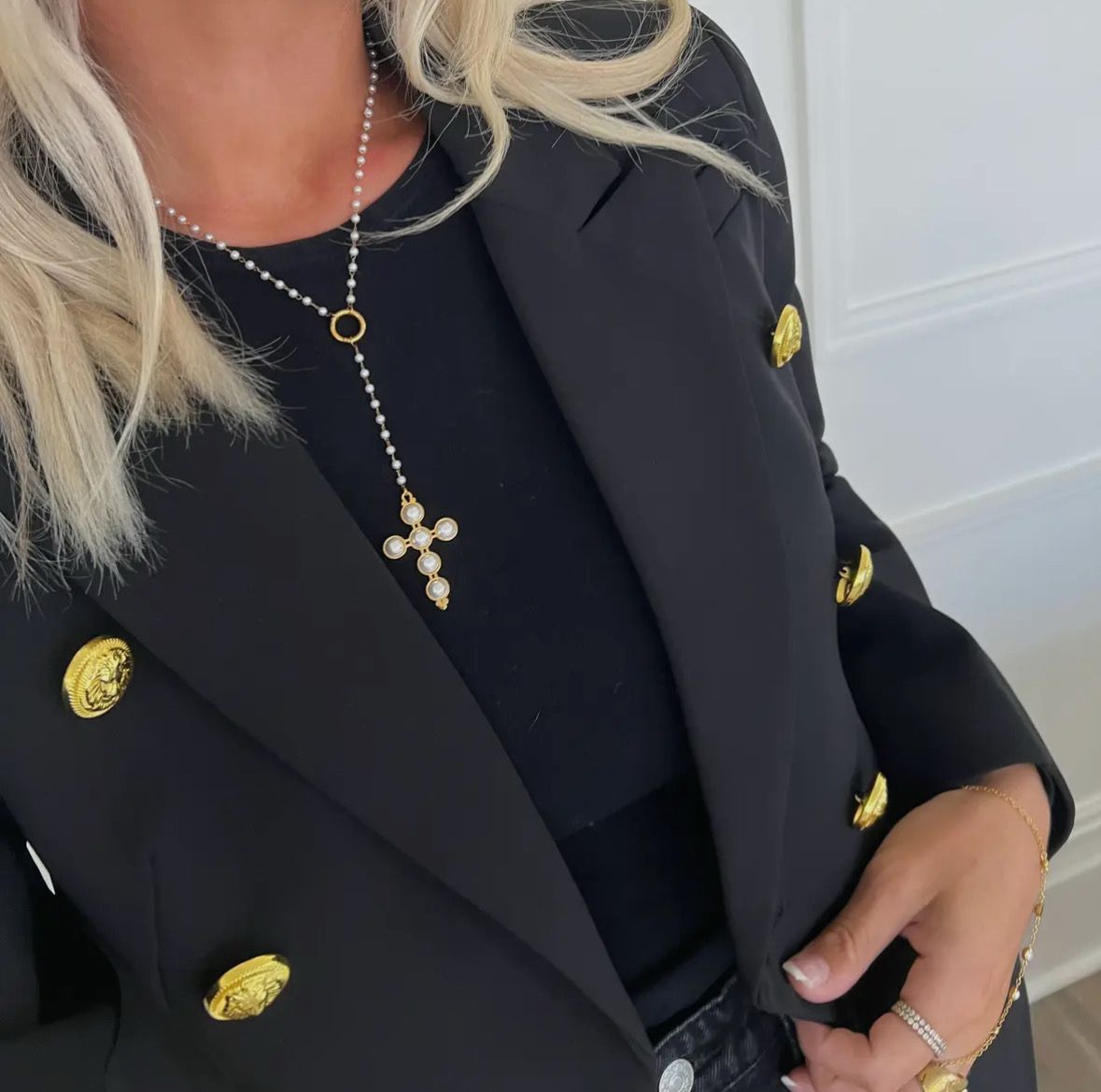 Lariat Pearl Cross Necklace