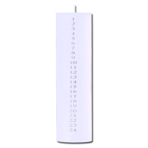 Calendar pillar candle 6.7 x 25 cm white 100% pure stearin w. silver print 1-24