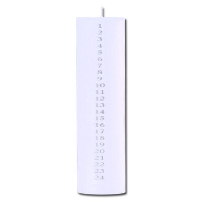Kalender bloklys 7x25 cm hvid 100% ren stearin m. sølv print 1-24