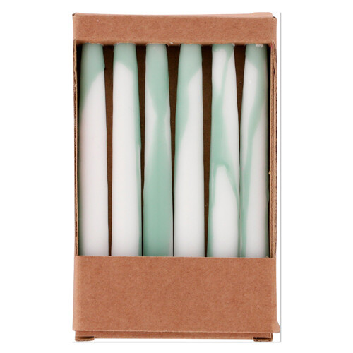 Mini Taper candles 6 pcs. dipped White/Water Green &quot;Picasso&quot; 1.3 x 12 cm