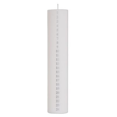 Calendar pillar candle 6.7 x 35 cm white 100% pure stearin w. silver print 1-24