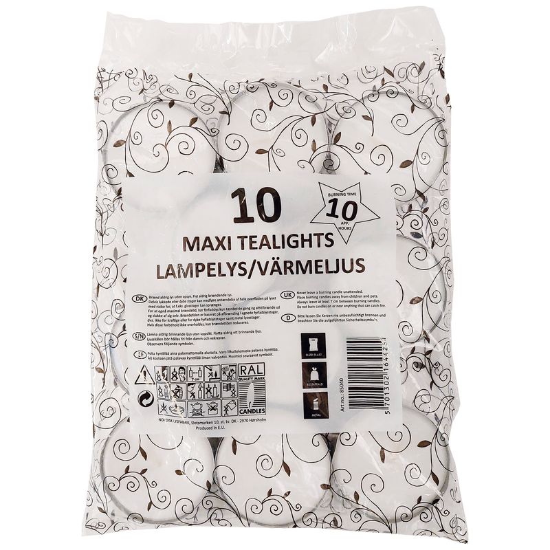 Maxi tealights paraffin 10 hours 10 pcs.