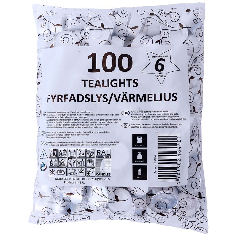 Tealights paraffin 6 hours 100 pcs.
