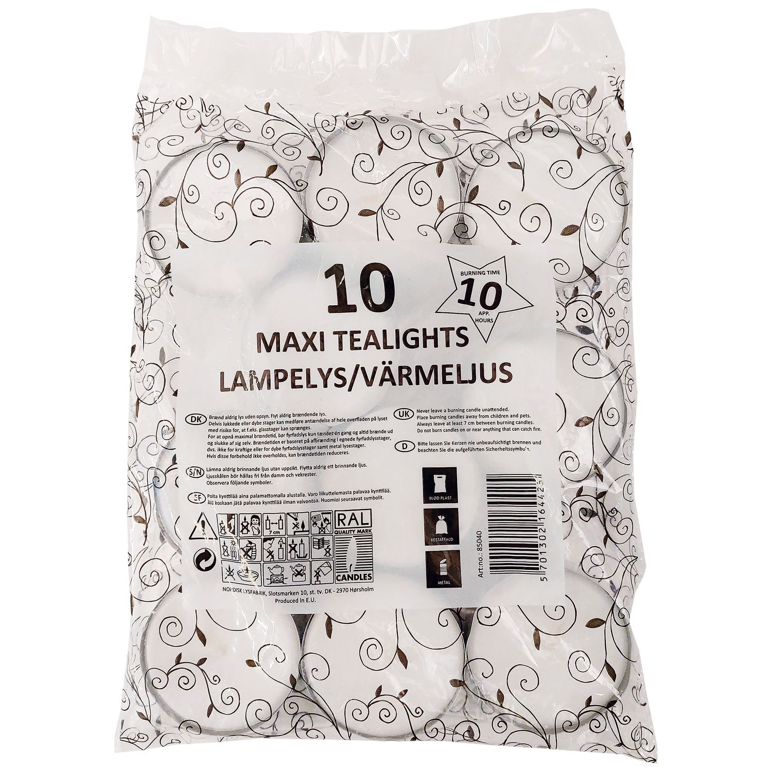 Maxi tealights paraffin 10 hours 10 pcs.
