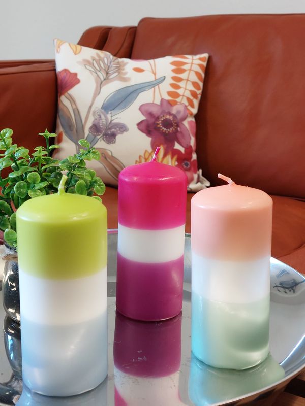 3-Colored pillar candle 5.8 x 12 cm - “Pink-White-Candy Coral"