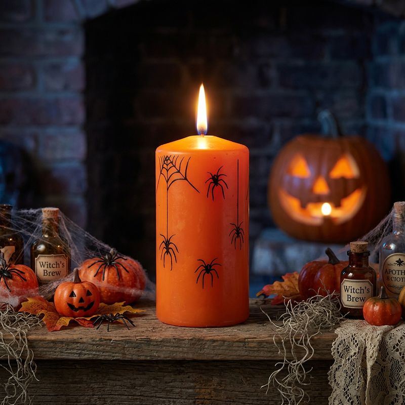 “HALLOWEEN SPIDER” pillar candle 5,8 x 12 cm  - “Cheddar"