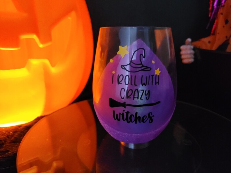 I Roll With Crazy Witches Glitter Glass