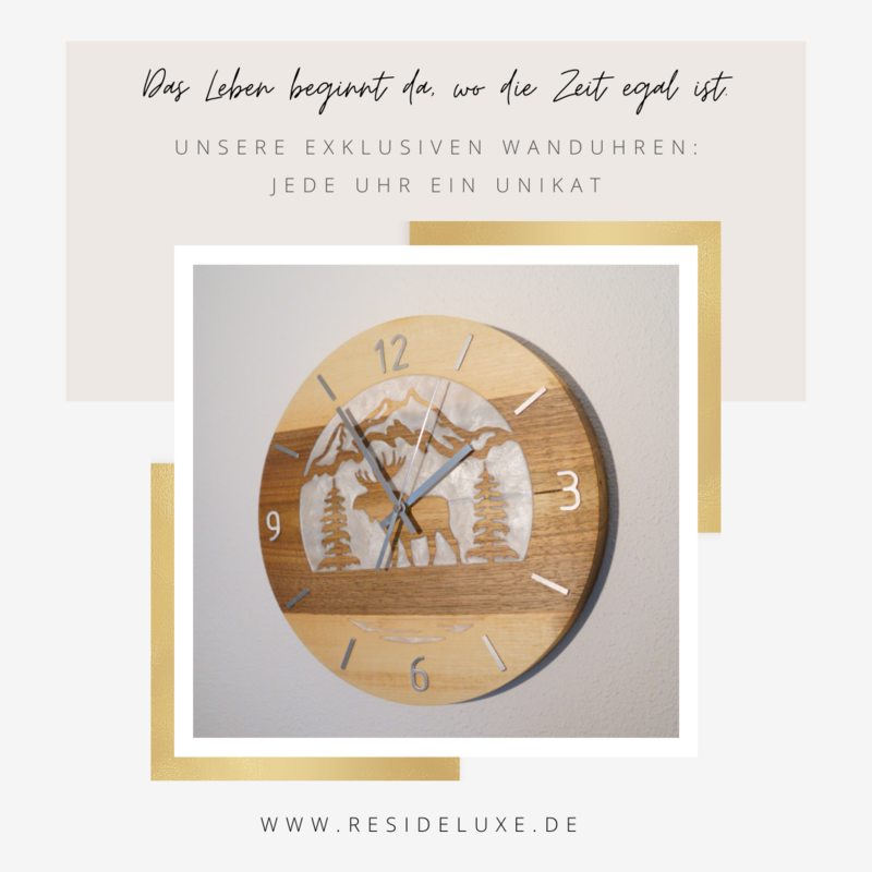 Wanduhr &quot;ELCH IN WALDKULISSE&quot; (Walnuss/weiß)