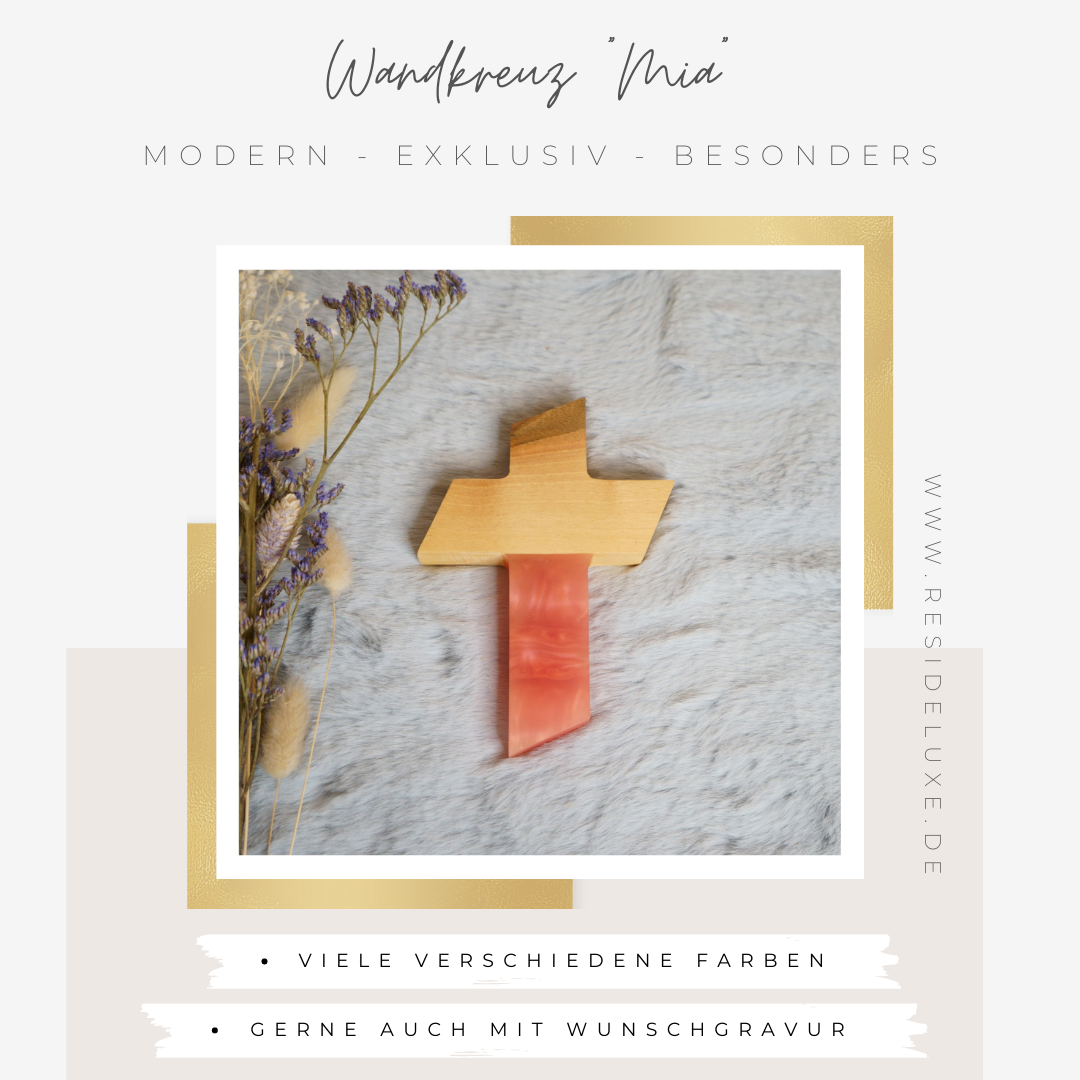 Wandkreuz &quot;MIA&quot; klein (Walnuss/pink)