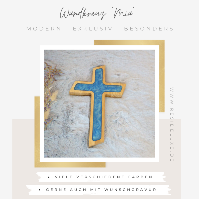Wandkreuz &quot;MIA&quot; (Eiche/blau mit Goldschimmer)
