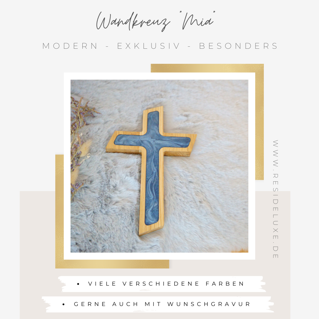Wandkreuz &quot;MIA&quot; (Eiche/blau mit Silberschimmer)