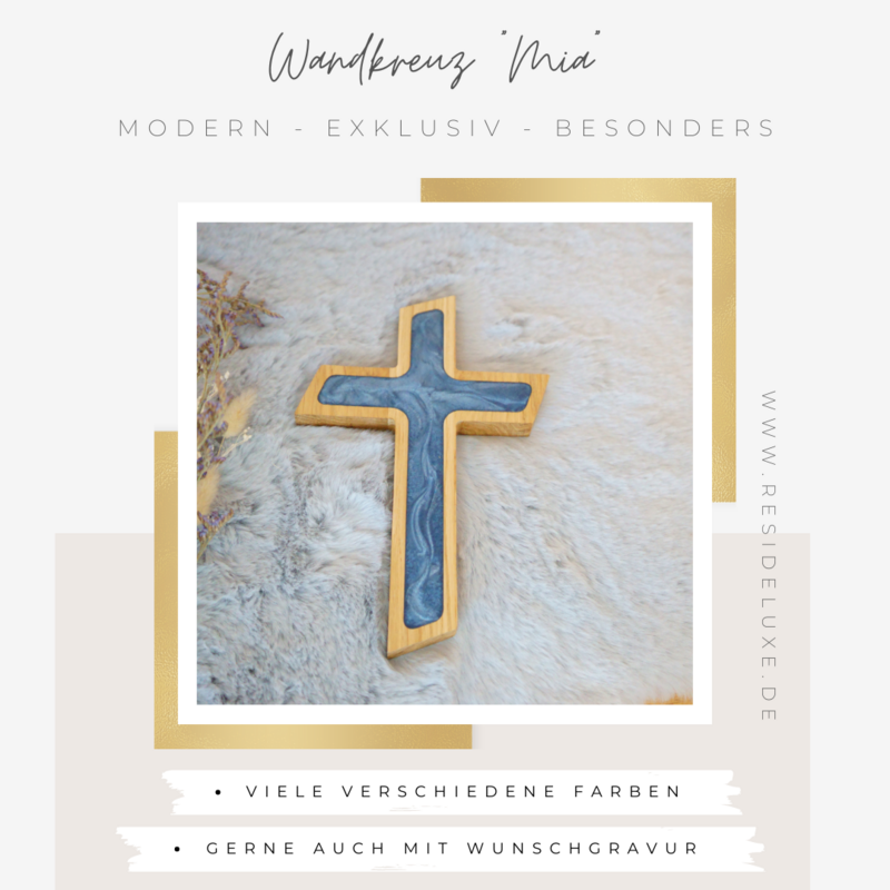 Wandkreuz &quot;MIA&quot; (Eiche/blau mit Silberschimmer)