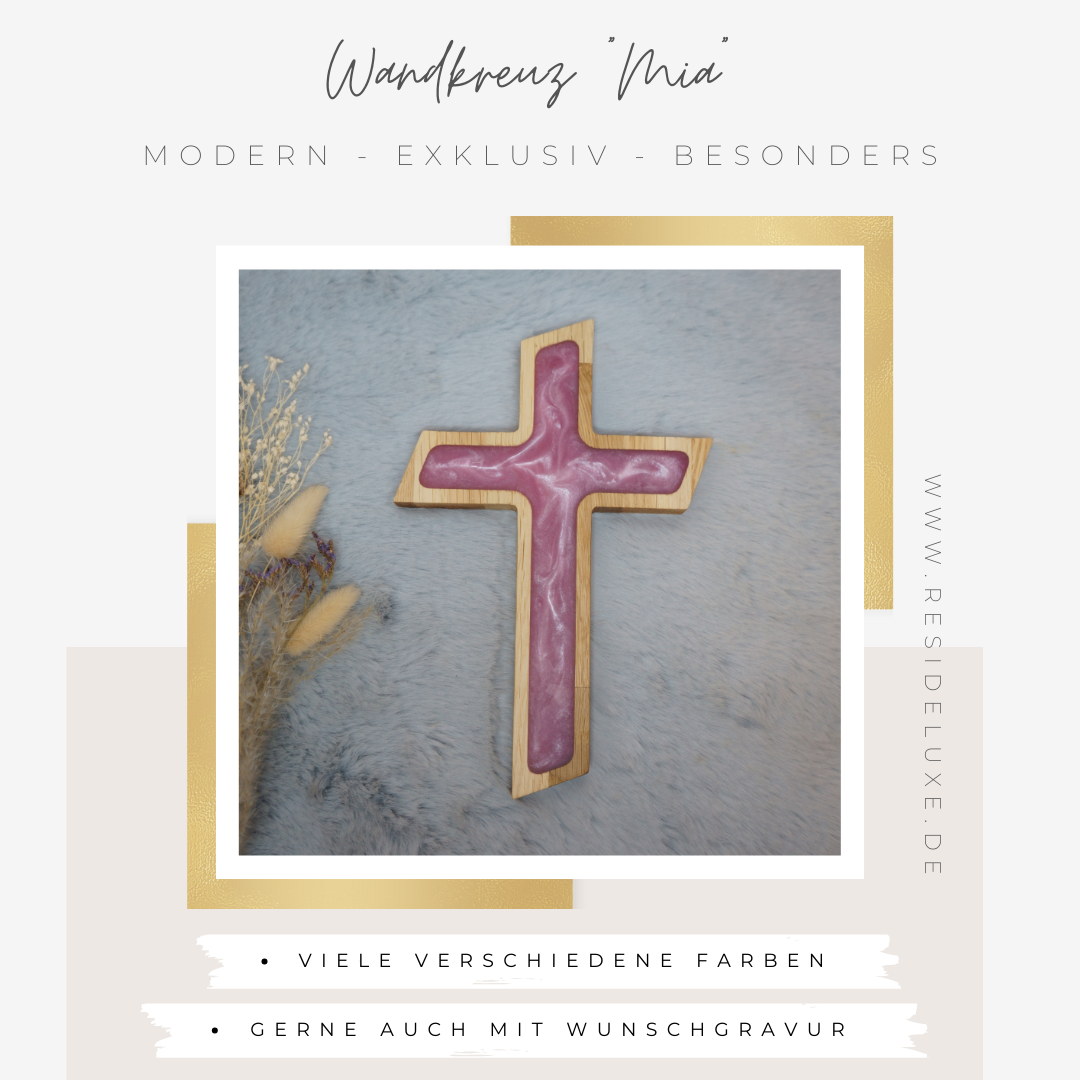 Wandkreuz &quot;MIA&quot; (Eiche/rosenquarz)