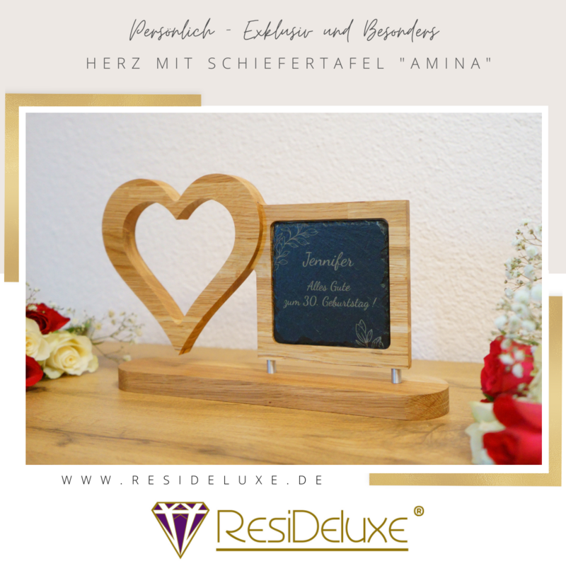 Herz mit Schiefertafel &quot;AMINA&quot; (Variante Blumenranken / Eiche)