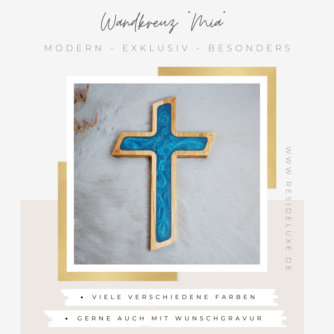 Wandkreuz &quot;MIA&quot; (Eiche/türkis)