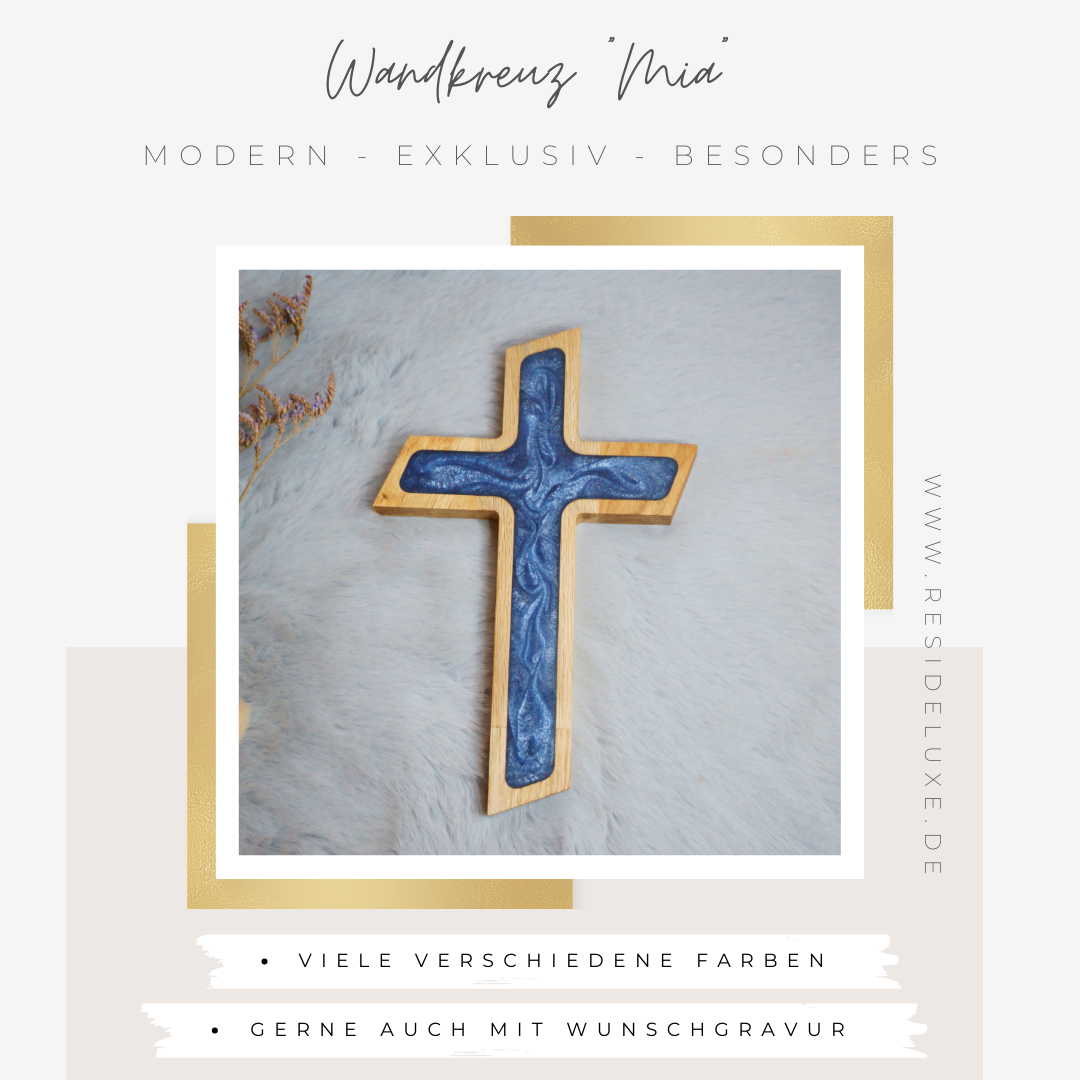 Wandkreuz &quot;MIA&quot; (Eiche/blau mit Silberschimmer)