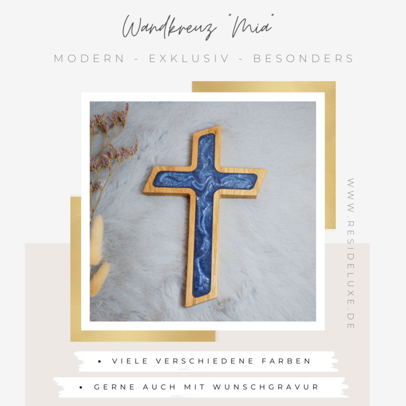 Wandkreuz &quot;MIA&quot; (Eiche/blau mit Silberschimmer)