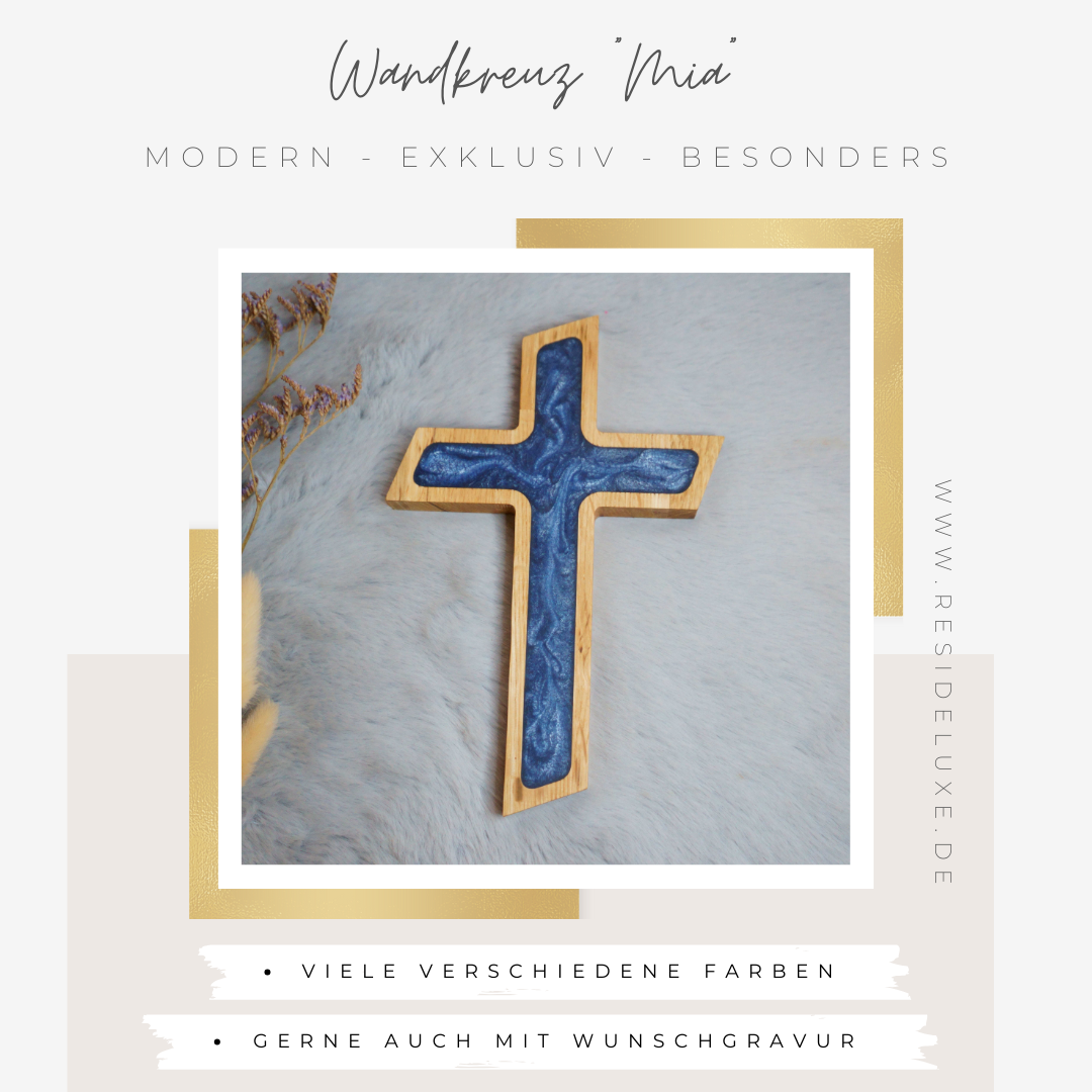 Wandkreuz &quot;MIA&quot; (Eiche/blau mit Silberschimmer)