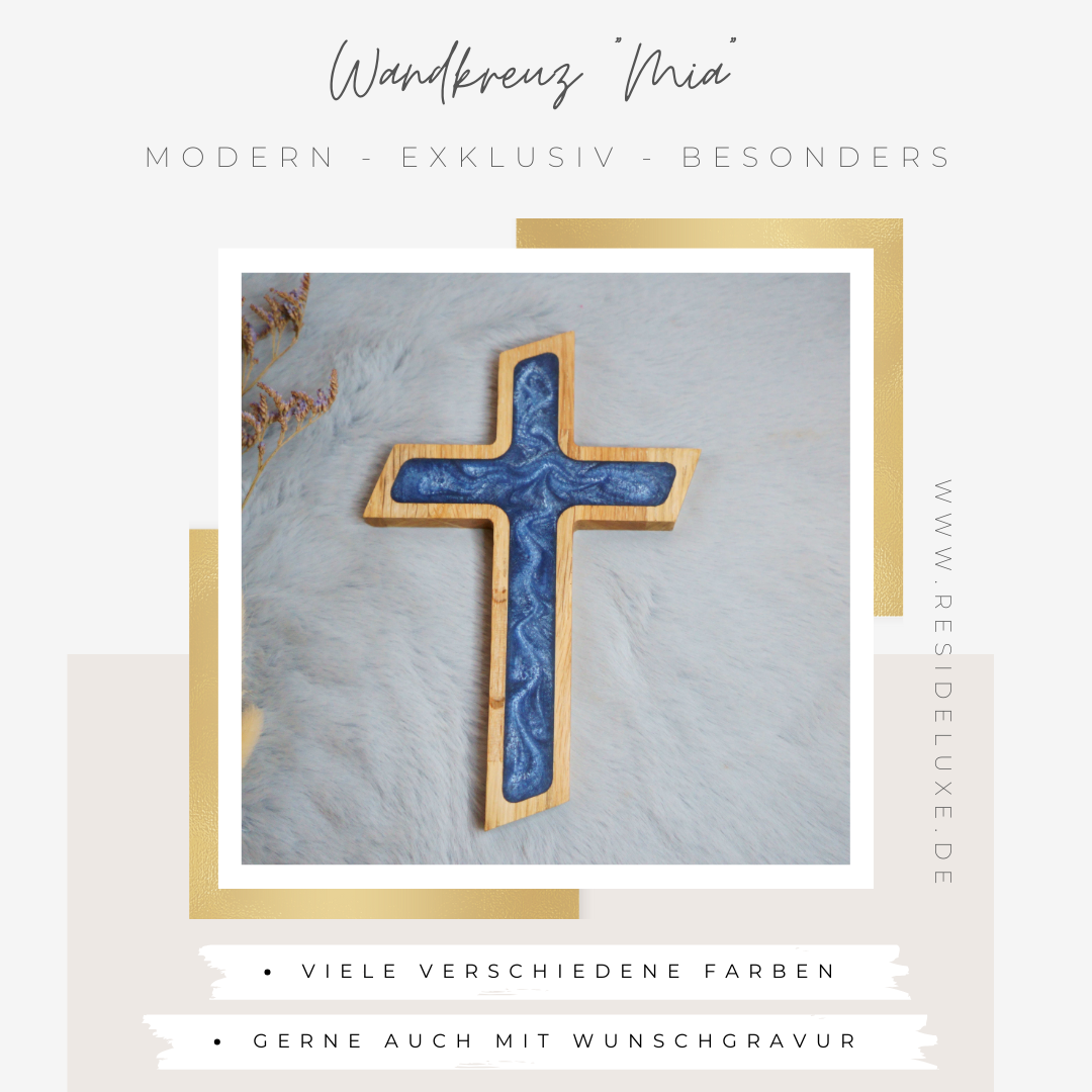 Wandkreuz &quot;MIA&quot; (Eiche/blau mit Silberschimmer)
