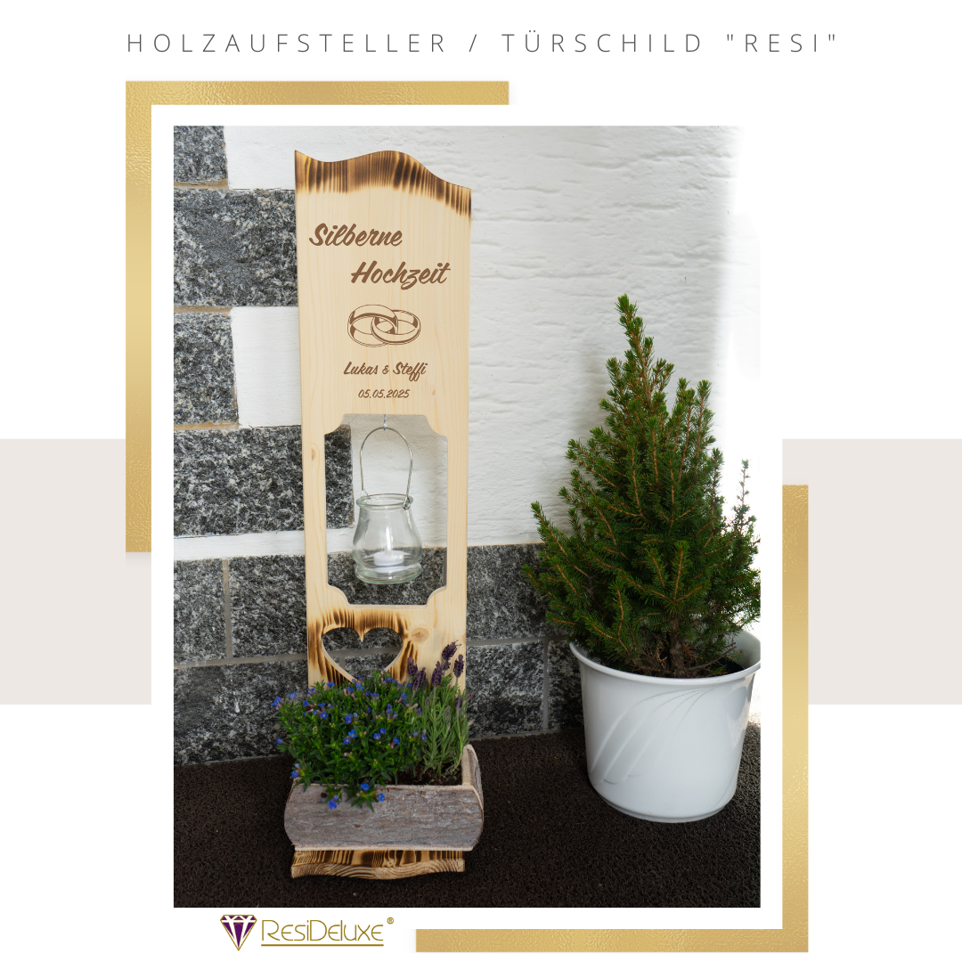 Holzaufsteller &quot;RESI&quot; (Modell: Silberne Hochzeit/Eheringe)