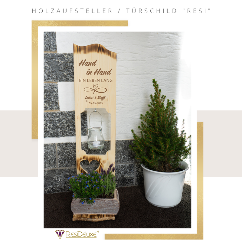 Holzaufsteller &quot;RESI&quot; (Modell: Unendlichkeitszeichen / Hand in Hand)