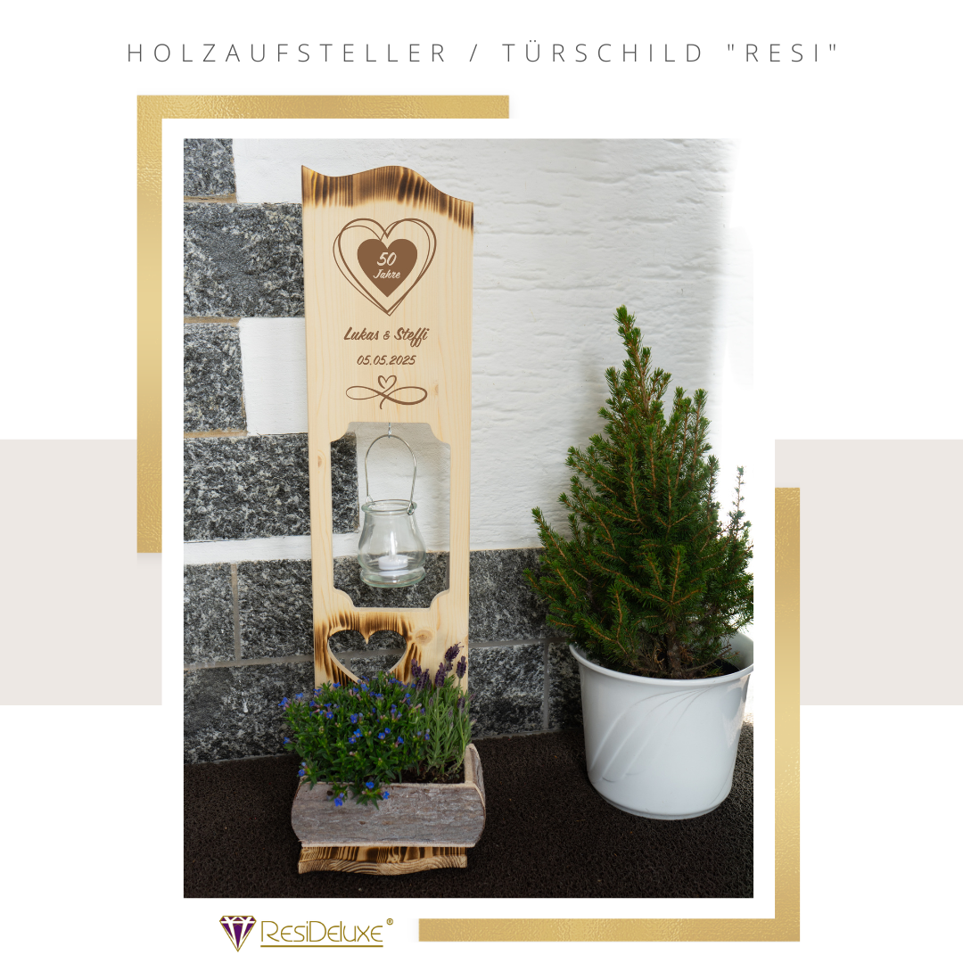 Holzaufsteller &quot;RESI&quot; (Modell: Herz mit Wunschzahl und Unendlichkeitszeichen)