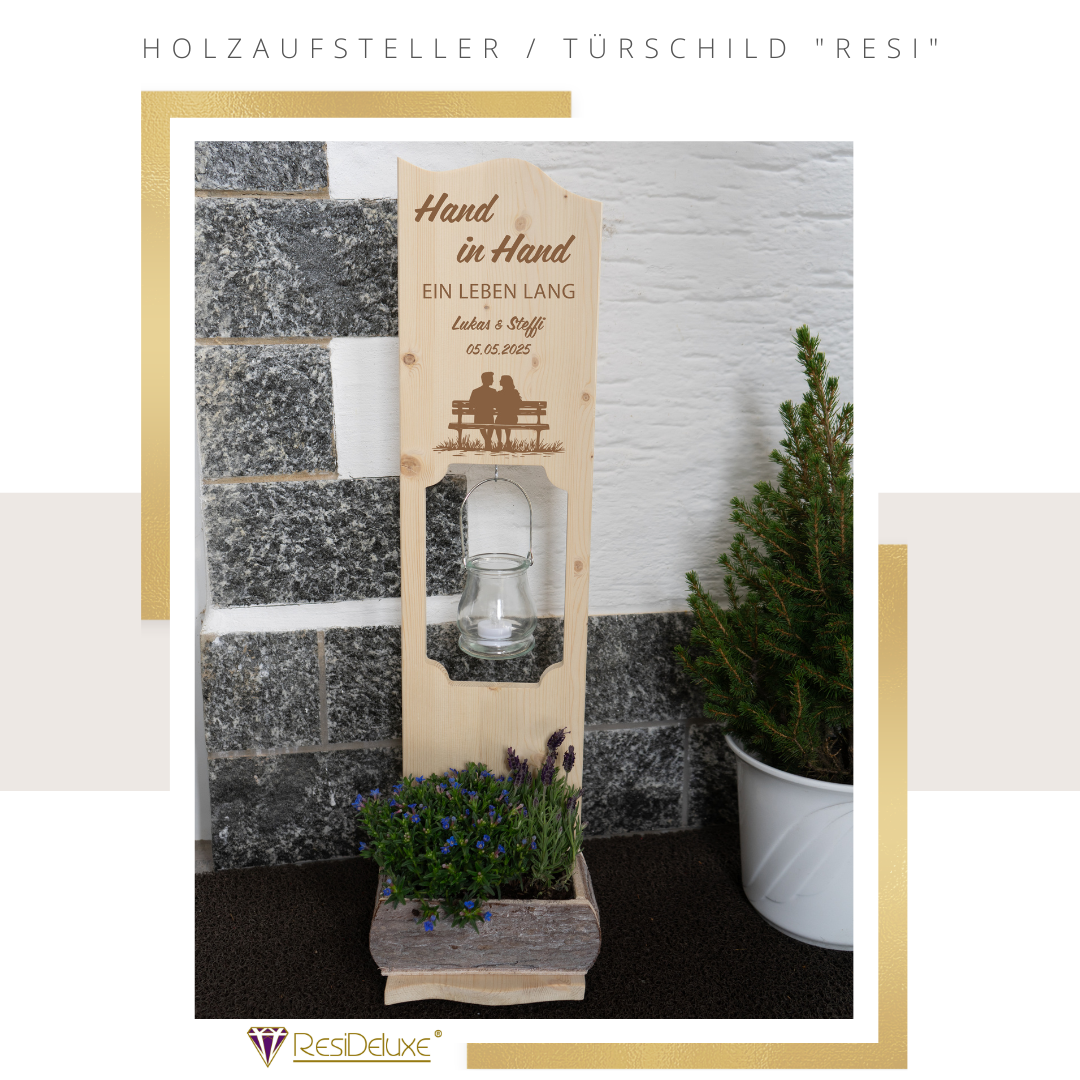 Holzaufsteller &quot;RESI&quot; (Modell: Bank/ Hand in Hand)