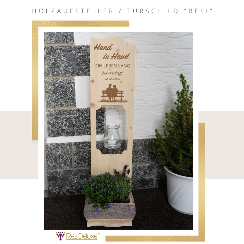 Holzaufsteller &quot;RESI&quot; (Modell: Bank/ Hand in Hand)
