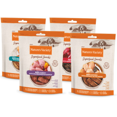 Rinkinys SUPERFOOD SNACKS (vištiena, lašiša, jautiena ir kalakutiena) Rinkinys SUPERFOOD SNACKS (vištiena, lašiša, jautiena ir kalakutiena)