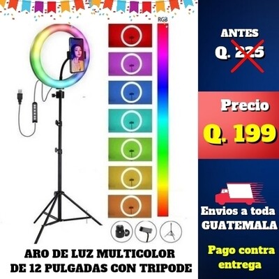 ARO DE LUZ MULTICOLOR DE 12 PULGADAS + TRIPODE