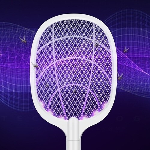 Raqueta mata mosquitos con luz ultravioleta y base recargable