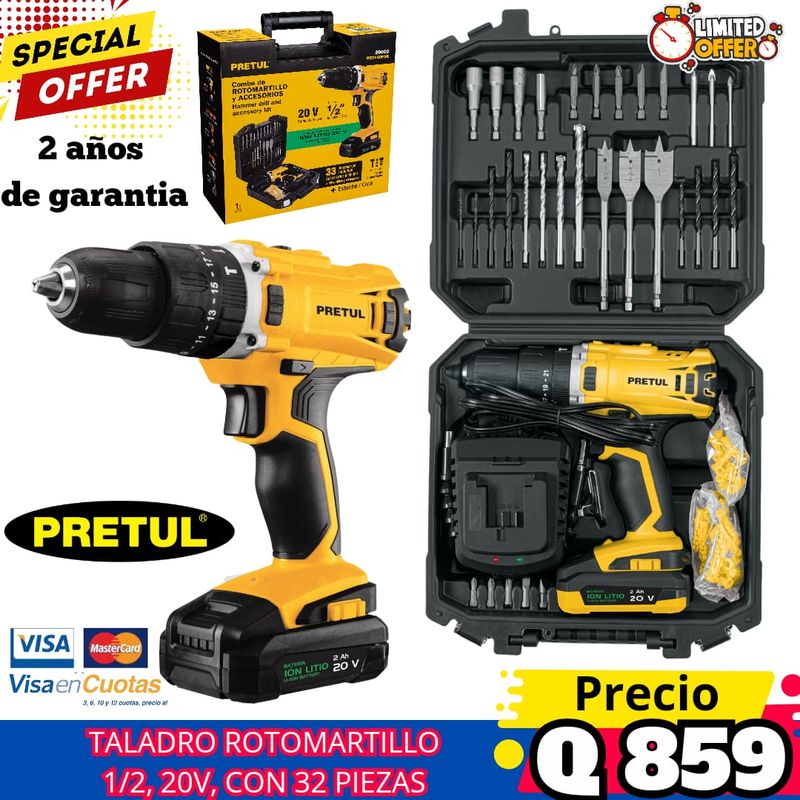 Kit rotomartillo inalámbrico 1/2″ 20V y 32 accesorios Pretul