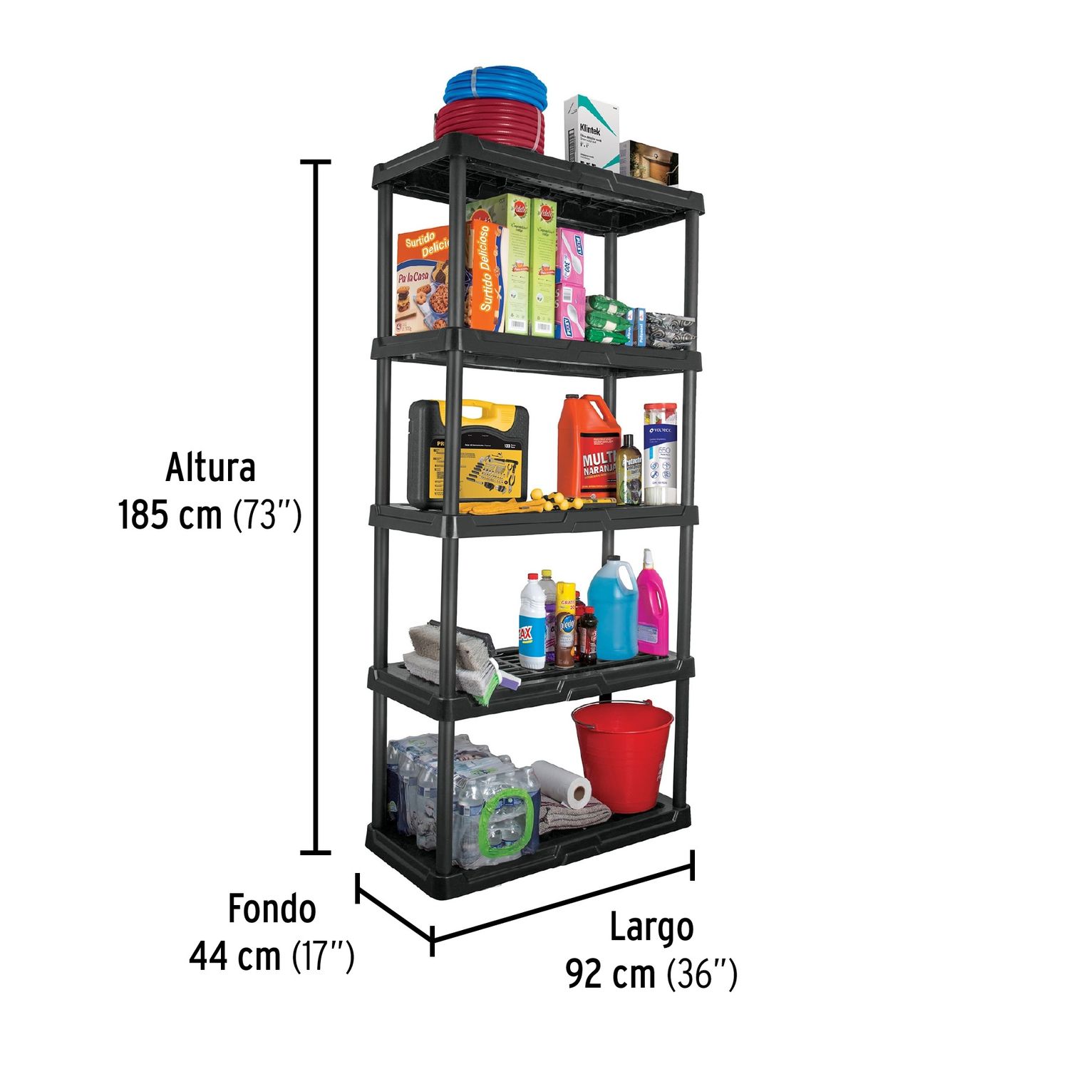 Estante plástico 5 repisas cap. 35 Kg, 180x44x92, PRETUL