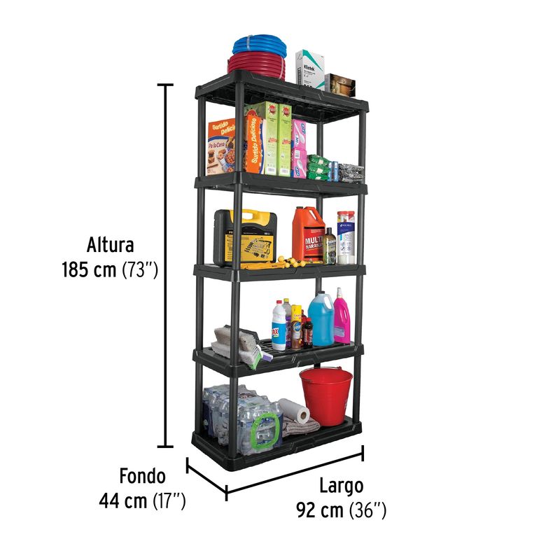 Estante plástico 5 repisas cap. 35 Kg, 180x44x92, PRETUL
