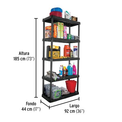 Estante plástico 5 repisas cap. 35 Kg, 180x44x92, PRETUL