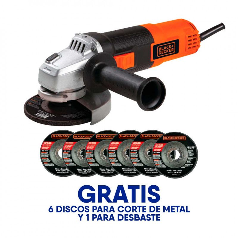 PULIDORA DE 4-1/2 PULG, 820 WATTS CON 6 DISCOS P/CORTE METALY 1 DESBASTE, SWITCH BOTON DESLIZANTE. BLACK AND DECKER