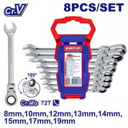 JUEGO DE 8 LLAVES MILIMETRICAS CON RATCH, CORONA FLEXIBLE, PULIDO FINO CR-V, 8,10,12,13,14,15,17 Y 19 MM. EMTOP