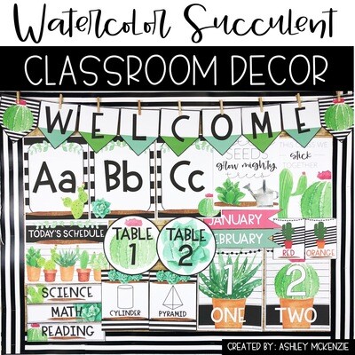 Watercolor Succulent and Cactus Classroom Decor Bundle