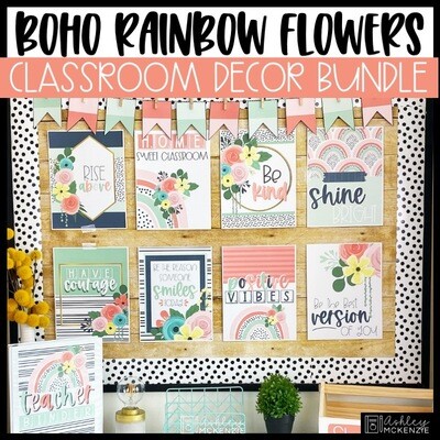 Boho Rainbow Flowers Classroom Decor Bundle