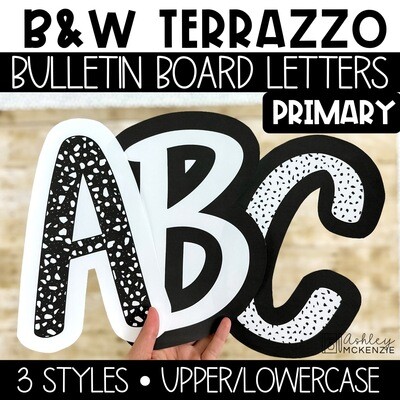 Black and White Terrazzo Primary Font A-Z Bulletin Board Letters, Punctuation, and Numbers