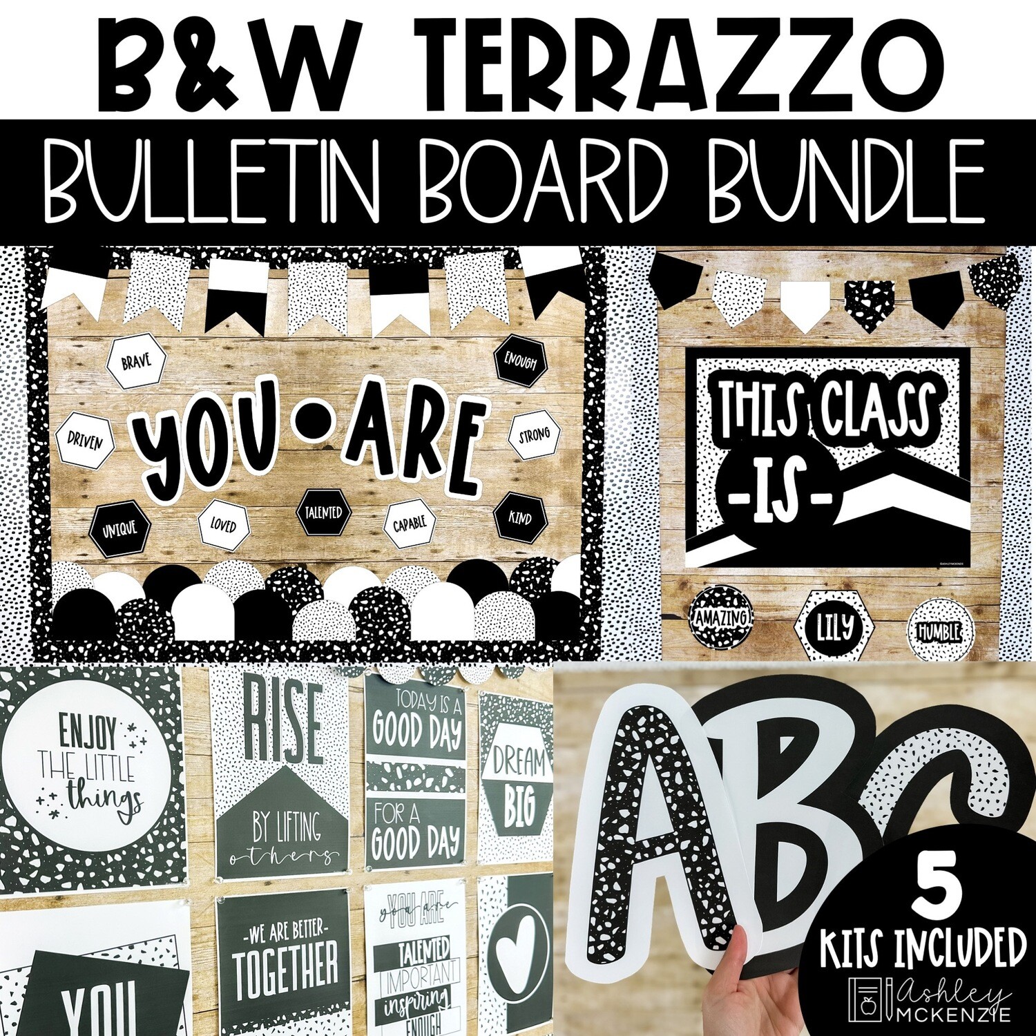 Black and White Terrazzo Back to School Bulletin Board, Posters, A-Z Letters, and Door Decor Bundle