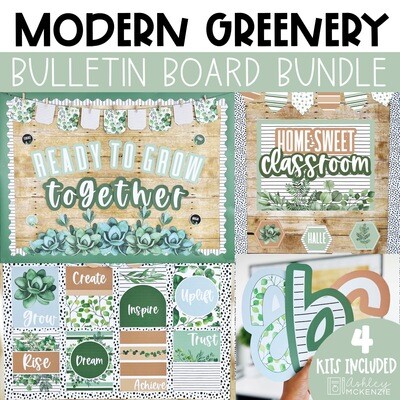 Modern Greenery Bulletin Board, Posters, A-Z Bulletin Board Letters, and Door Decor Bundle
