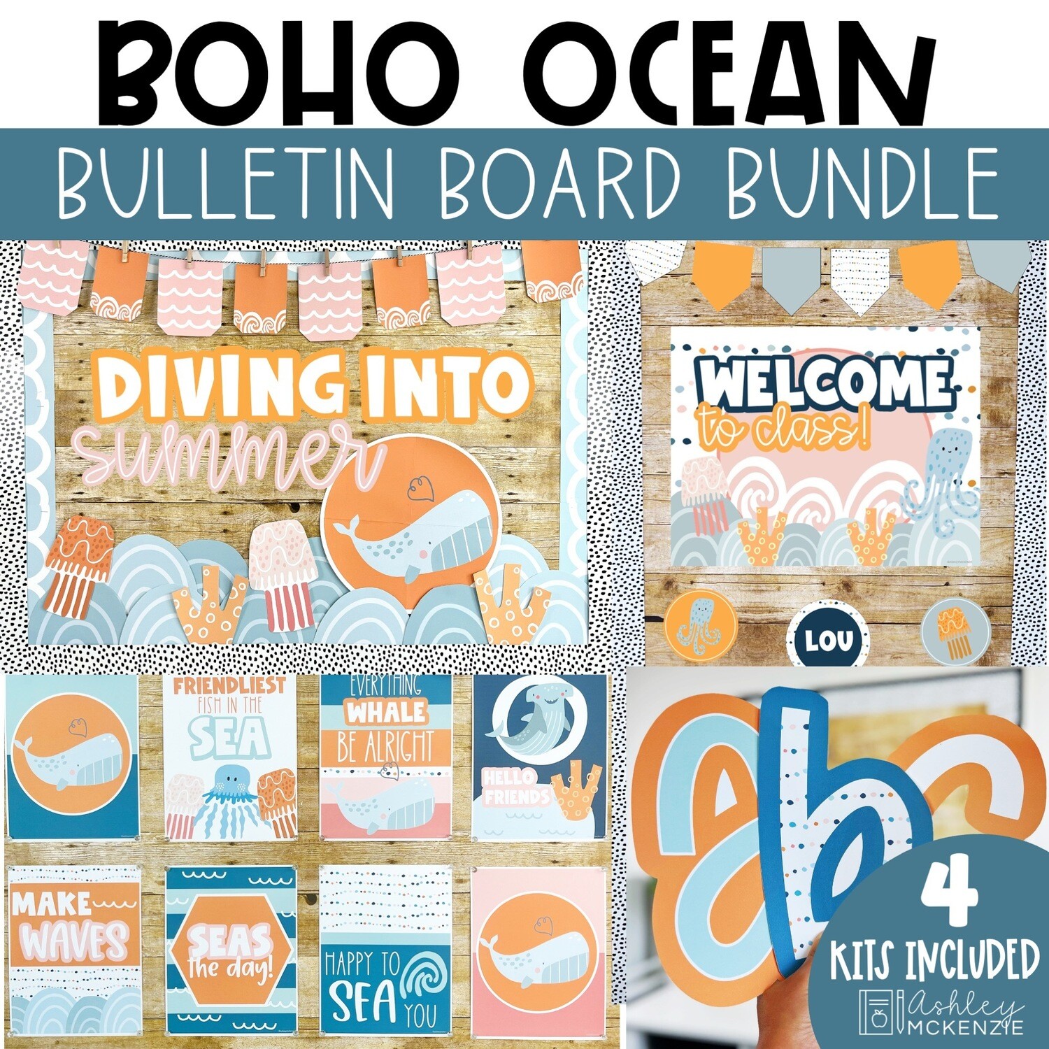 Boho Ocean Bulletin Board, Posters, A-Z Bulletin Board Letters, and Door Decor Mini Bundle